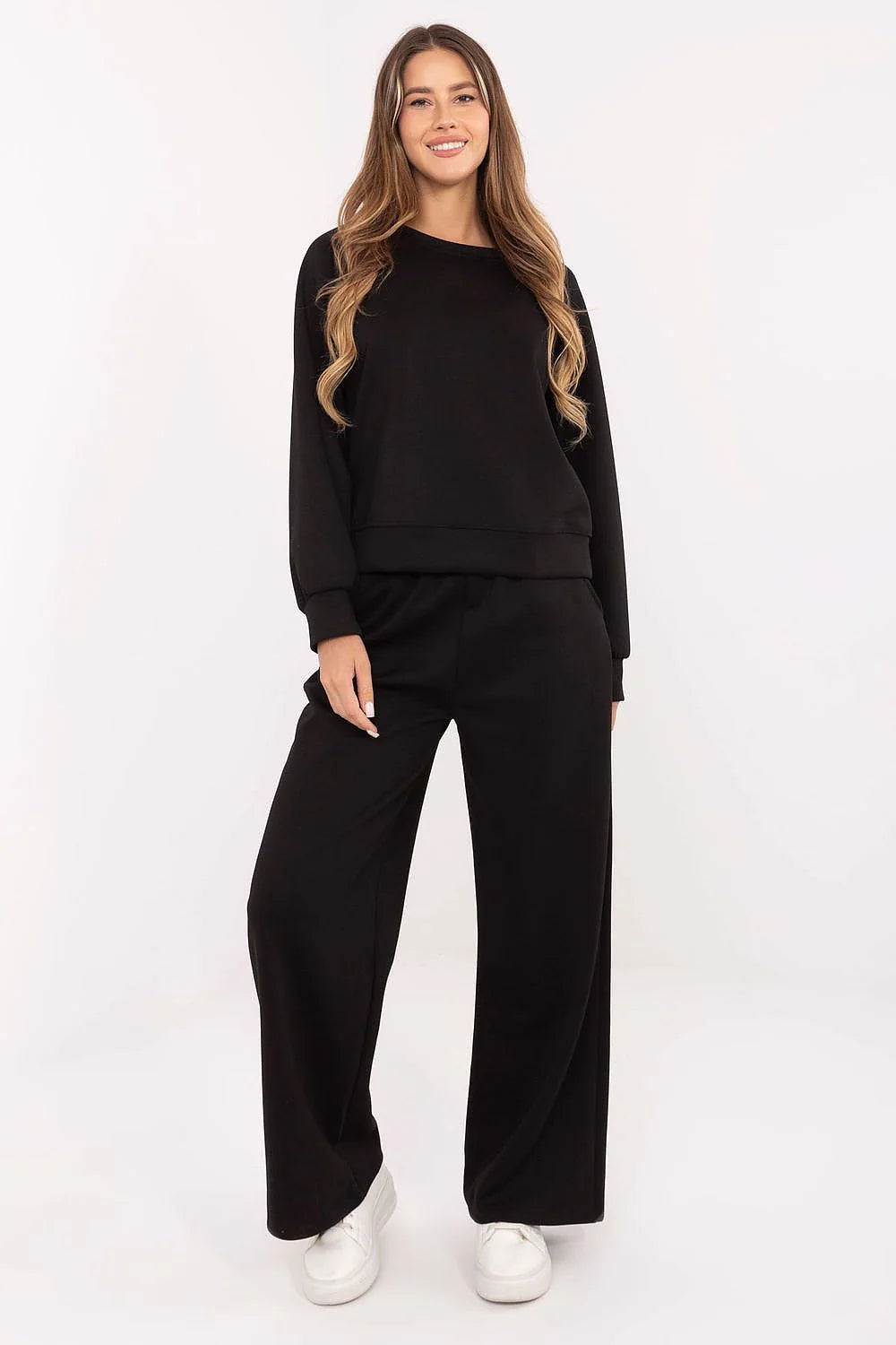 ensemble survêtement femme noir lounge molletonné effet beurre viscose polyester élasthanne stretch taille haute pantalon large poches pratiques décontracté chic