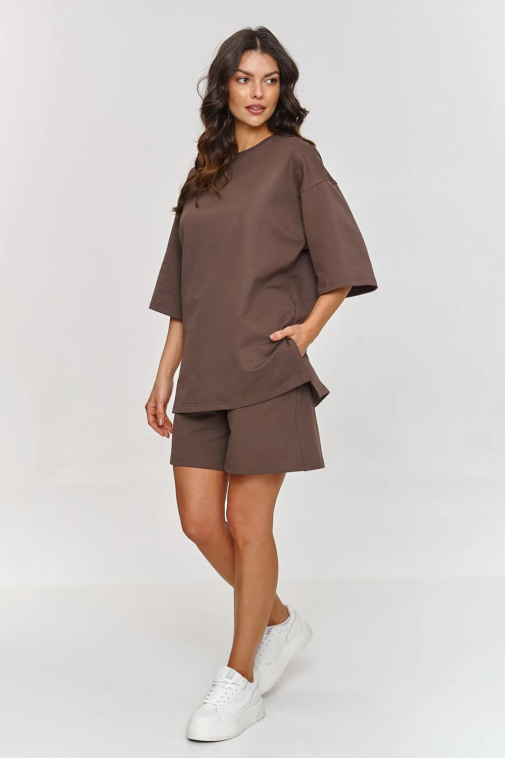 Ensemble de survêtement décontracté pour femme en coton marron uni, coupe oversize, manches courtes, short taille élastique