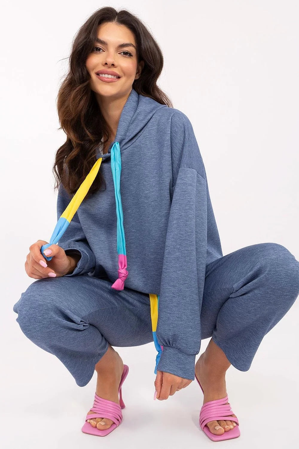 ensemble Italy Moda femme sweat capuche pantalon bleu chiné oversize jogger jersey doux cordons multicolores confortable
