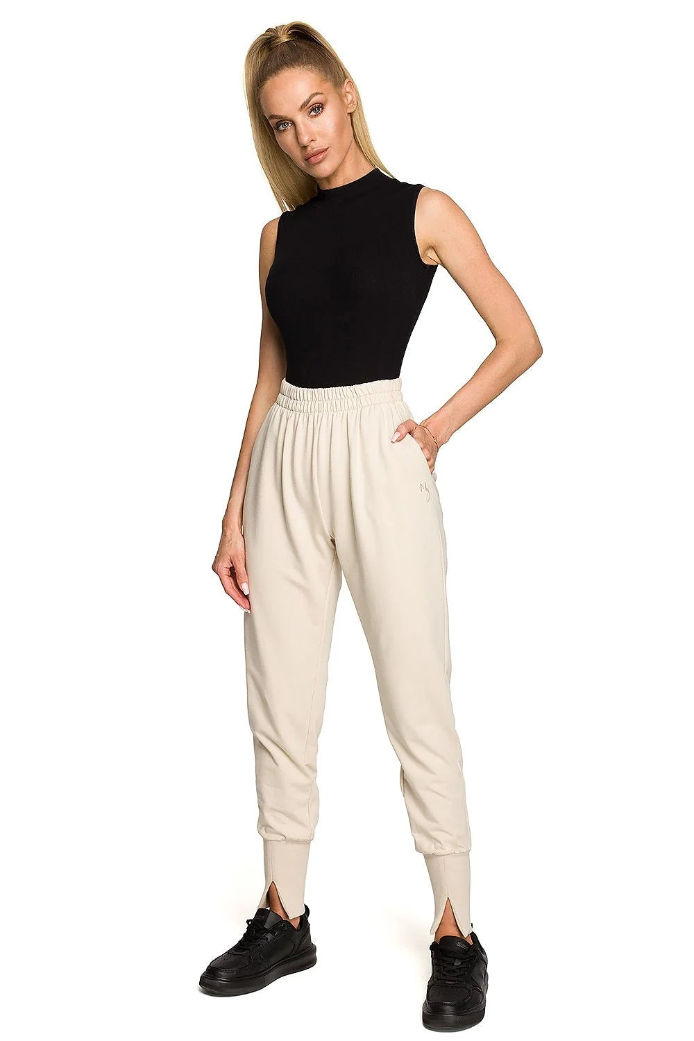 Pantalon survêtement Moe avec broderies et fentes, coupe ajustée, taille haute, coton élasthanne, style urbain pour femme