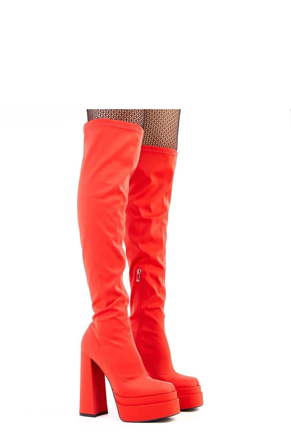 cuissardes mousquetaire rouges tissu stretch genou bout carré talon haut plateforme doublure chaude semelle simili cuir fermeture éclair