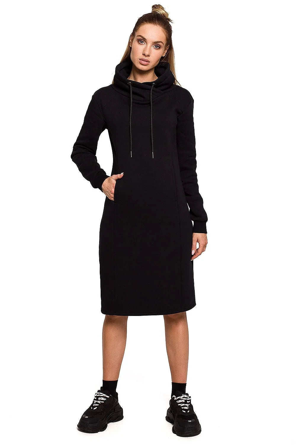 Robe pull coton épais décontractée marron avec capuche poches style automne hiver moderne femme
