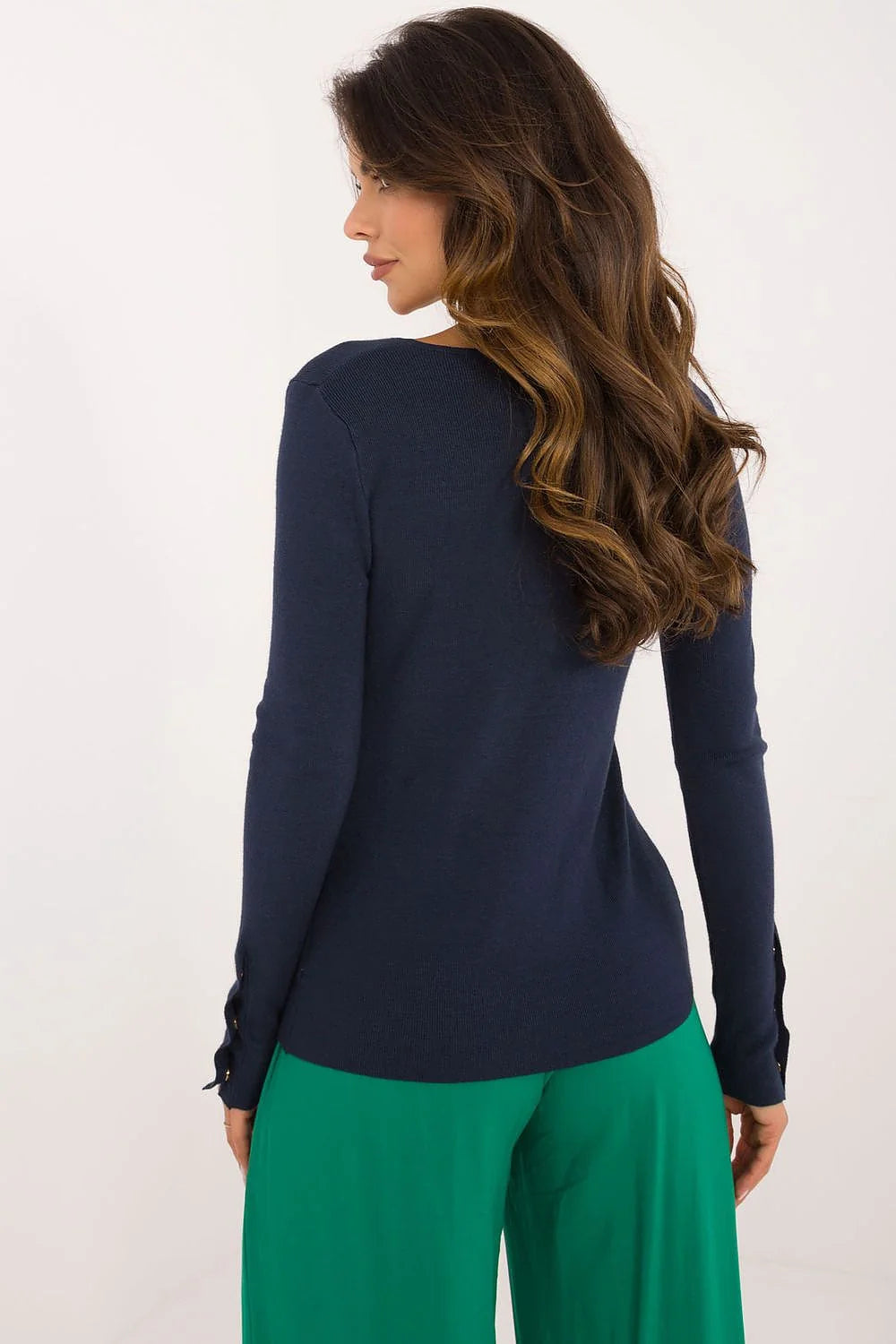 Haut et pantalon femme élégant bleu marine vert vif ajusté V-neck longues manches boutons dorés coupe large fluide