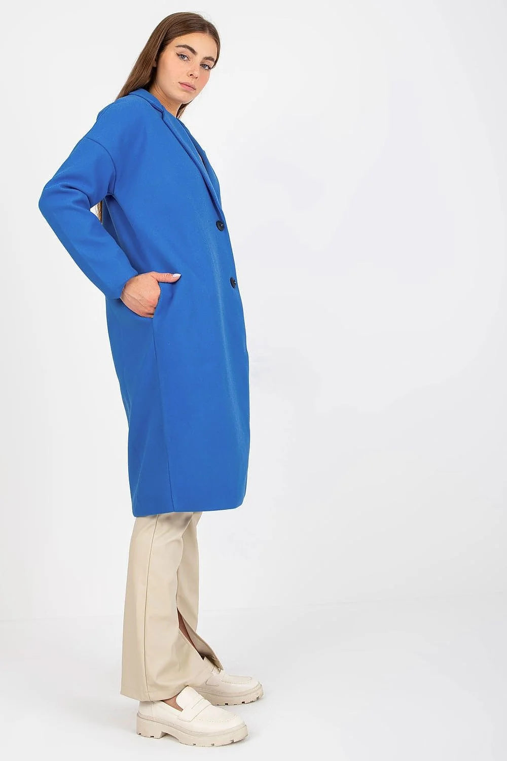 Manteau pour femme chic et moderne à col revers longueur mi-longue manches longues polyester 100% bleu vif