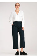 Pantalon femme élégant large taille haute avec boutons détails plis polyester élasthanne 5% couleur bleu marine foncé