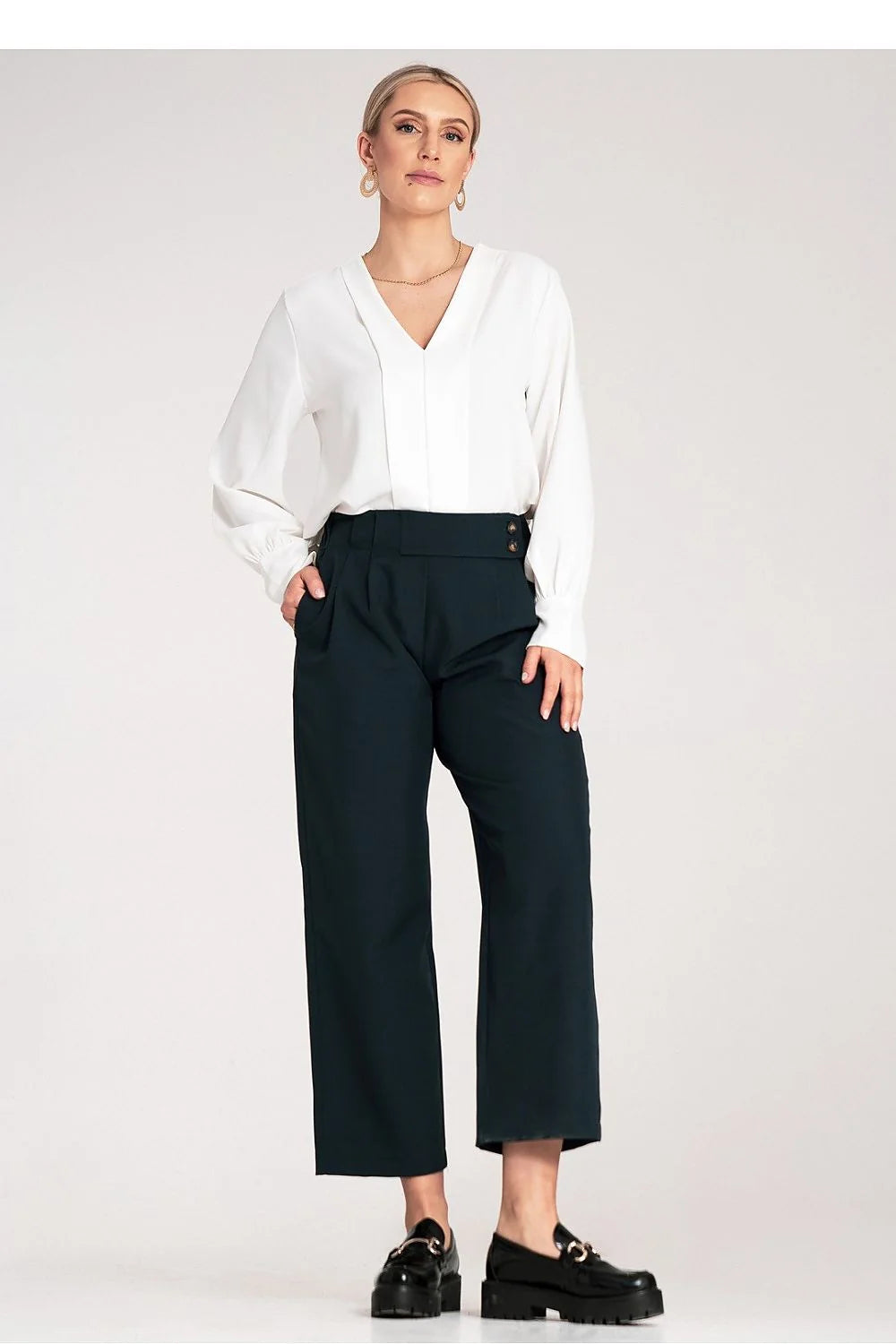 Pantalon femme élégant large taille haute avec boutons détails plis polyester élasthanne 5% couleur bleu marine foncé