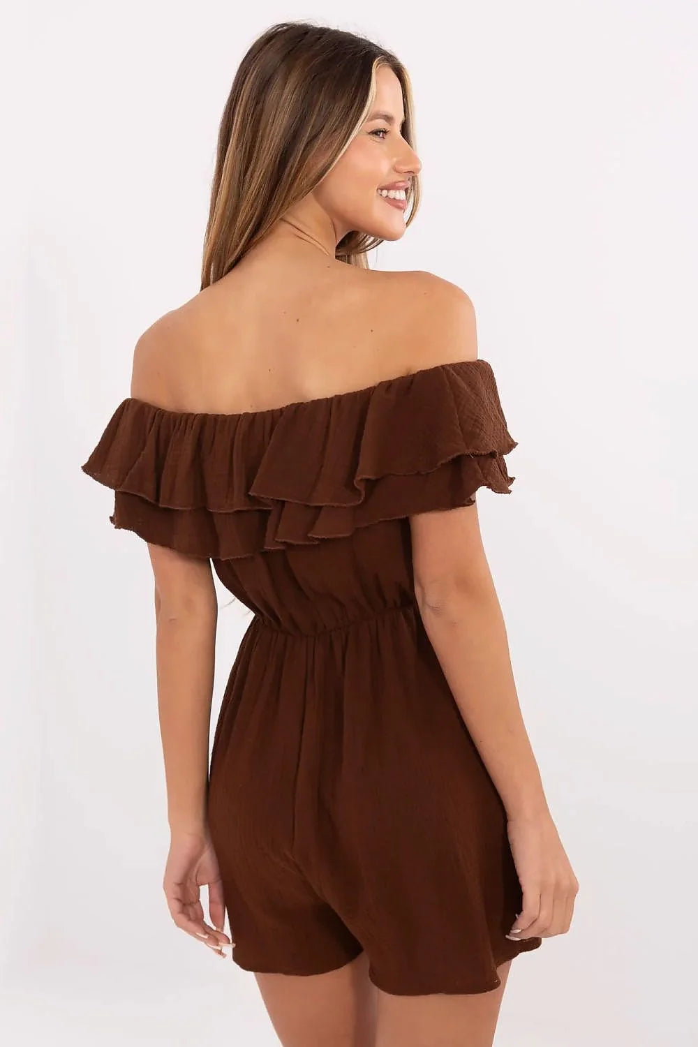 Combishort femme marron décontracté élégant mousseline coton linéaire épaules nues volants ruches taille élastiquée