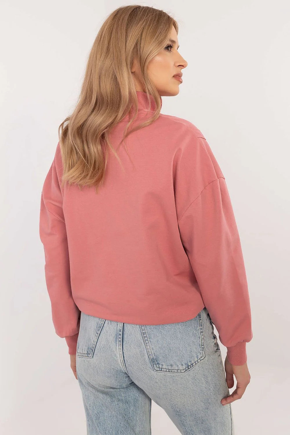 Sweat-shirt pour femme en coton élasthanne rose antique manches longues col montant zipé coupe ample