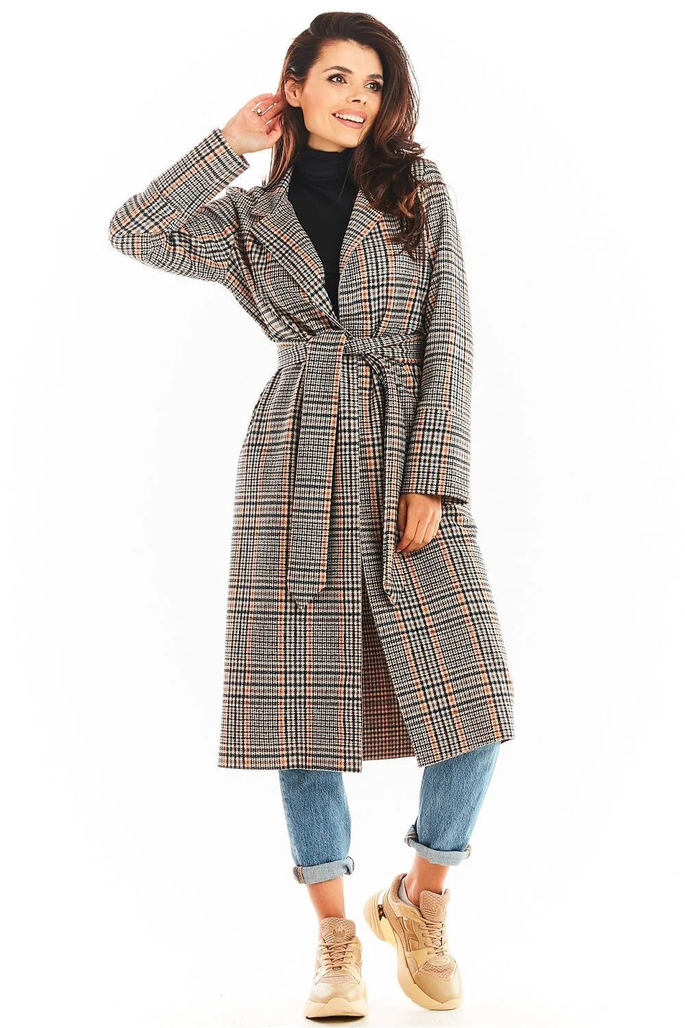Manteau Prince de Galles pour femme, style élégant, double col, ceinture amovible, laine et polyester, taille ajustable, coupe droite, poches latérales, occasion formelle et décontractée, fabriqué en Pologne
