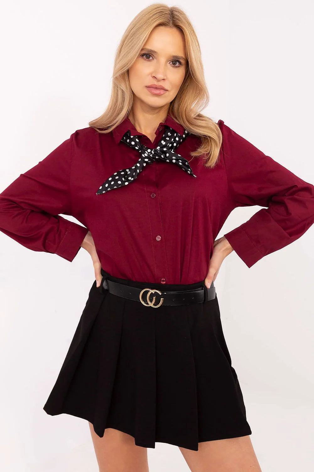 Ensemble chemisier jupe femme classique élégant rouge bordeaux noir coton polyester manches longues coupe ample occasionnels formels