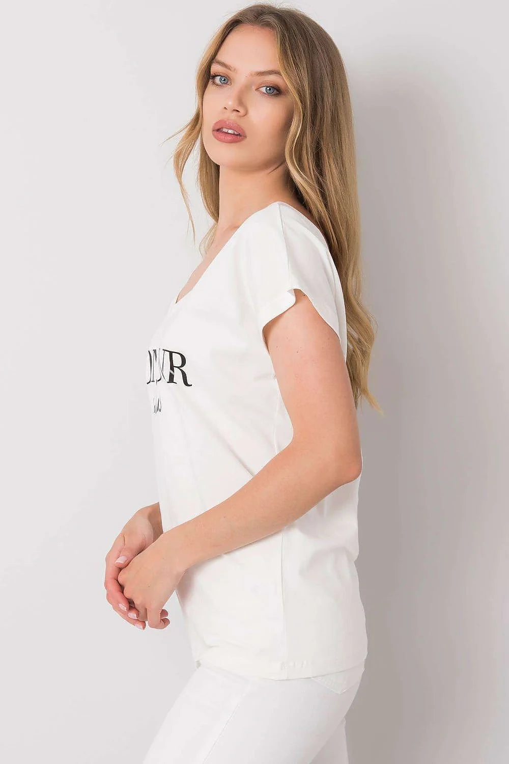 T-shirt femme style parisien rouge vif col V manches courtes coupe droite 100% coton 'BONJOUR PARIS'