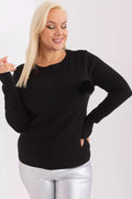 pull femme grande taille noir manches longues coupe droite encolure ronde maille fine pompon fausse fourrure doux chaud extensible élégant