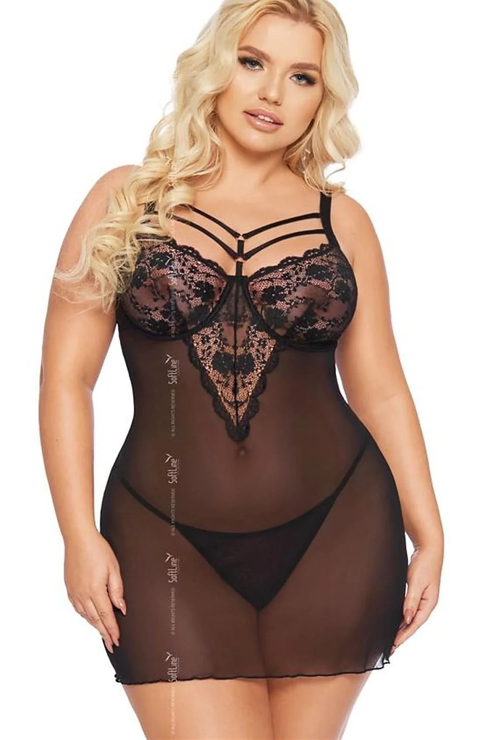 nuisette sexy élégante dentelle tulle noir florale babydoll transparente bonnets armatures jarretelles bretelles réglables string grande taille