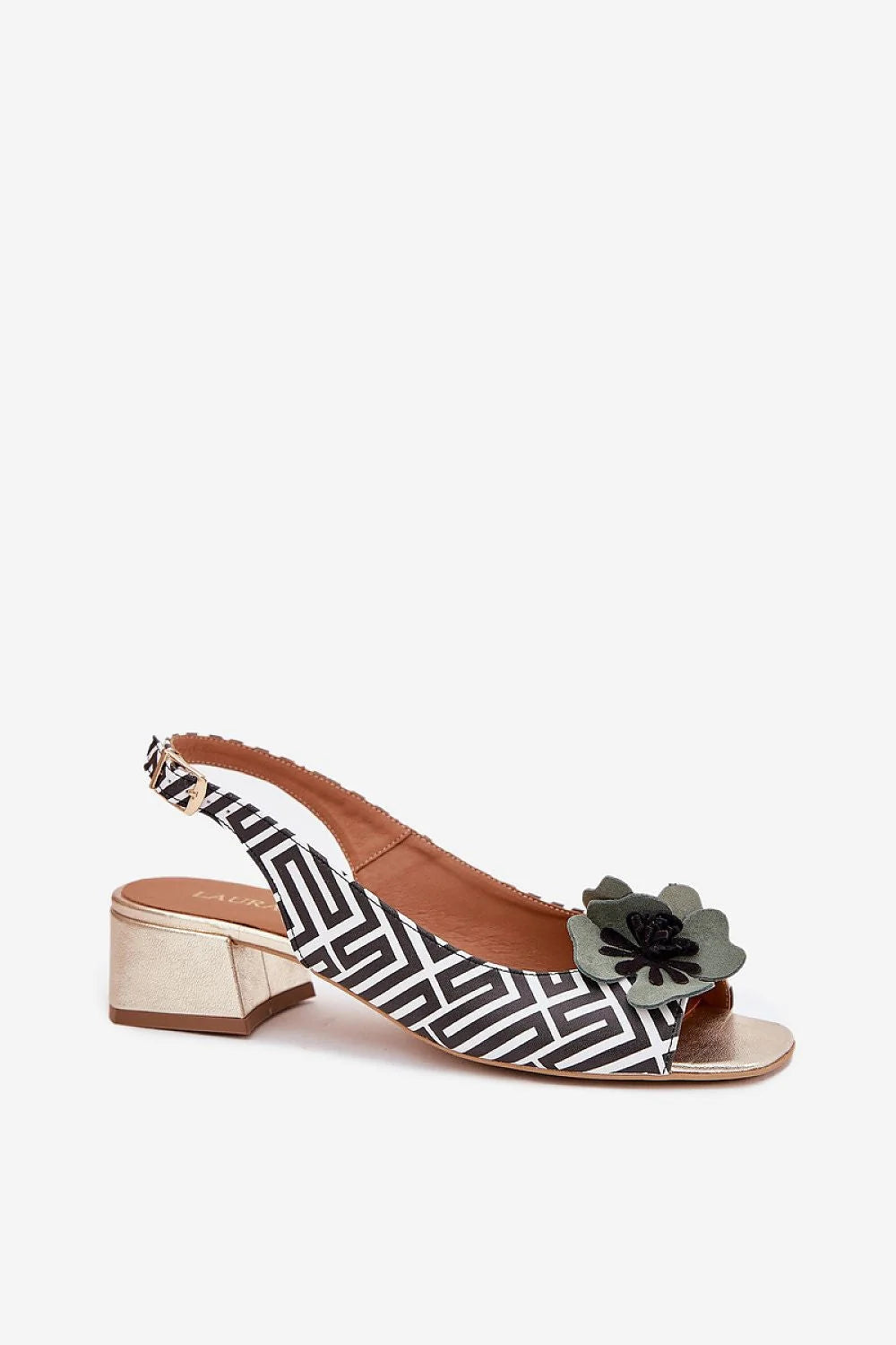 Sandales à talons carrés dorés pour femmes, design géométrique, fleur verte, cuir synthétique imprimé, ajustable, été 2023, Laura Messi
