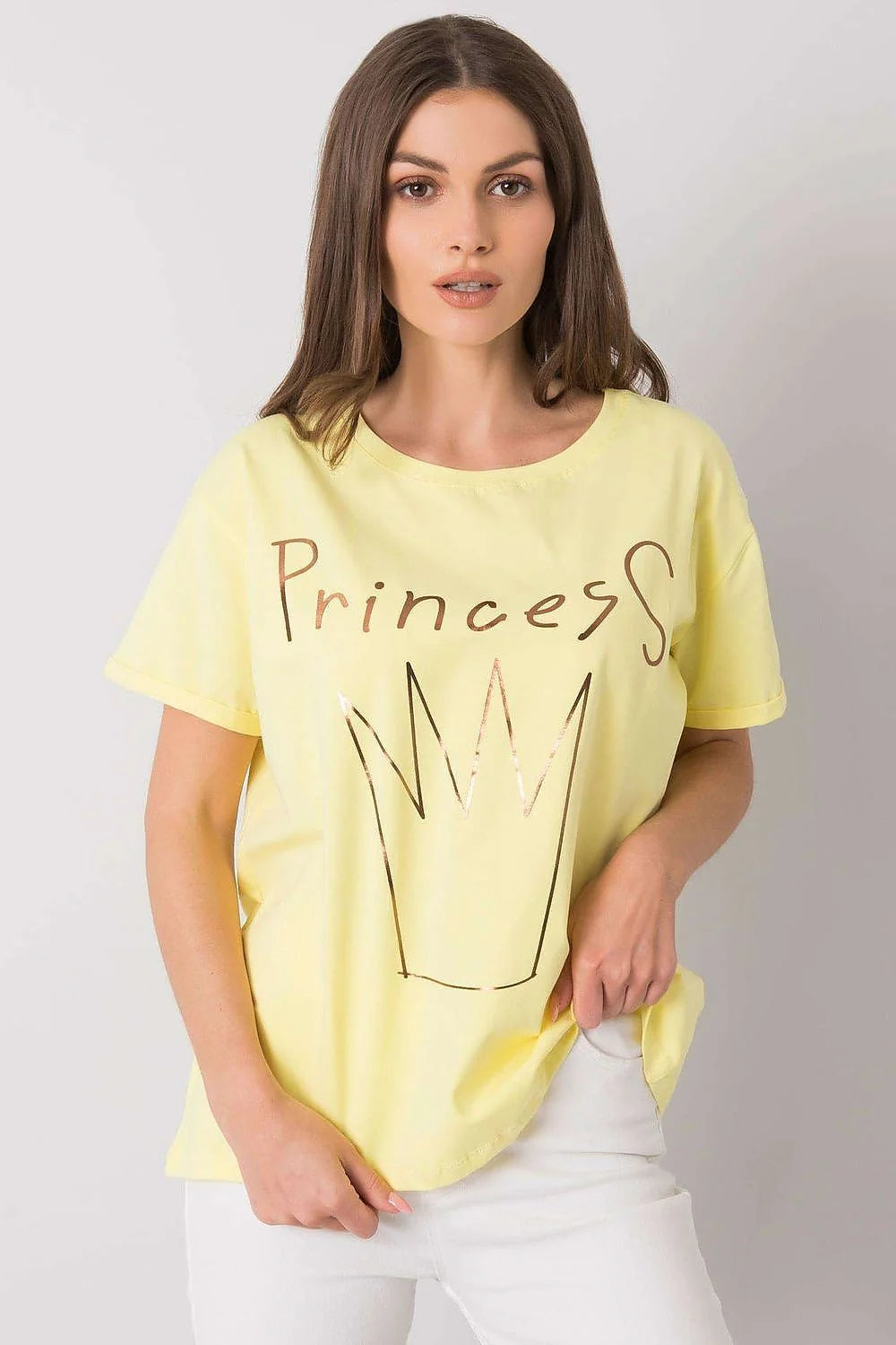 T-shirt Fancy pour femme, style décontracté, coupe ample, manches courtes, encolure ronde, impression graphique Princess, coton 95% lycra 5%, bleu clair, finitions épurées, mode Casual