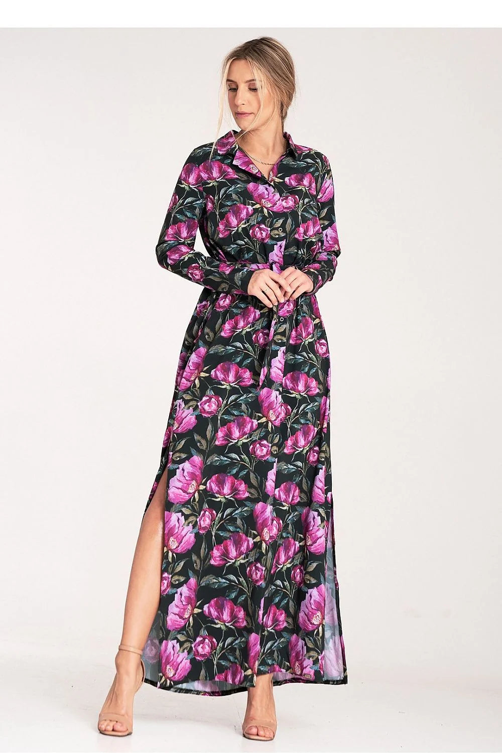 Robe de jour élégante longue manches longues motif floral rose violet noir taille ajustable femme