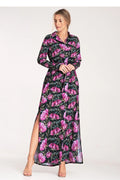 Robe de jour élégante longue manches longues motif floral rose violet noir taille ajustable femme
