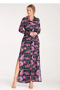 Robe de jour élégante longue manches longues motif floral rose violet noir taille ajustable femme