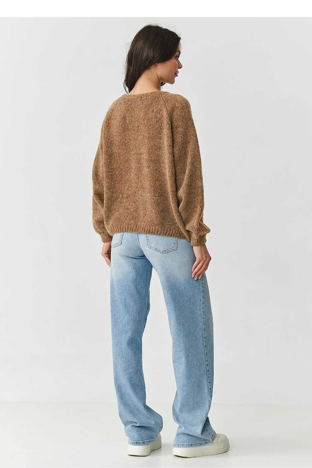 cardigan femme court oversize ouvert maille duveteuse camel brossée encolure V manches ballon bords côtelés coupe loose hanches