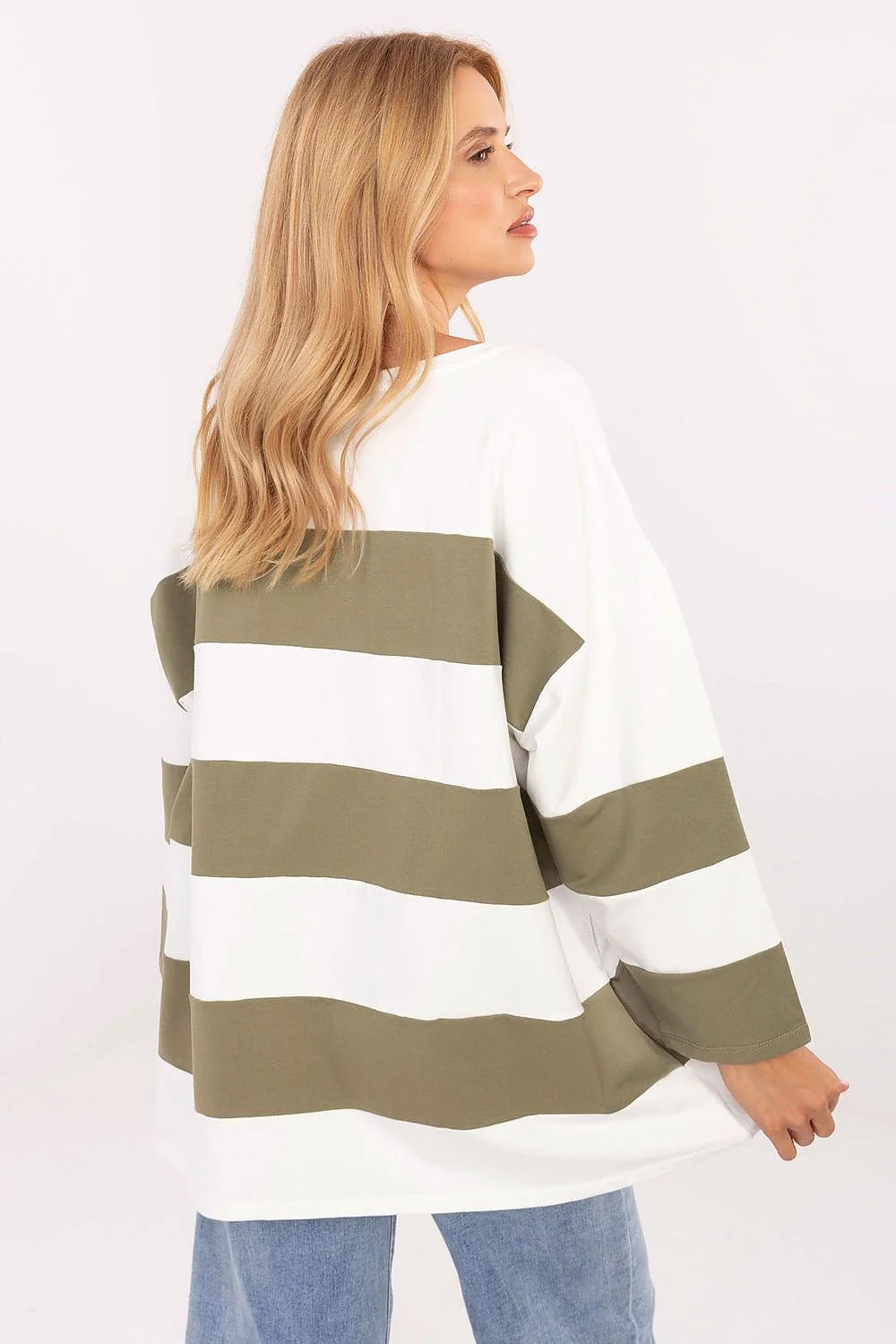 chemisier oversize femme casual décontracté coton elasthanne manches longues col rond rayures horizontales larges blanc kaki coupe ample longueur hanches