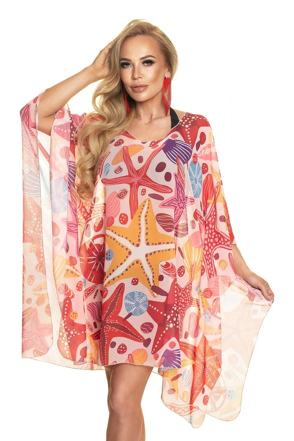 tunique plage Irall bohème motifs marins étoiles coquillages colorés corail rose orange voile léger transparent oversize fluide kimono