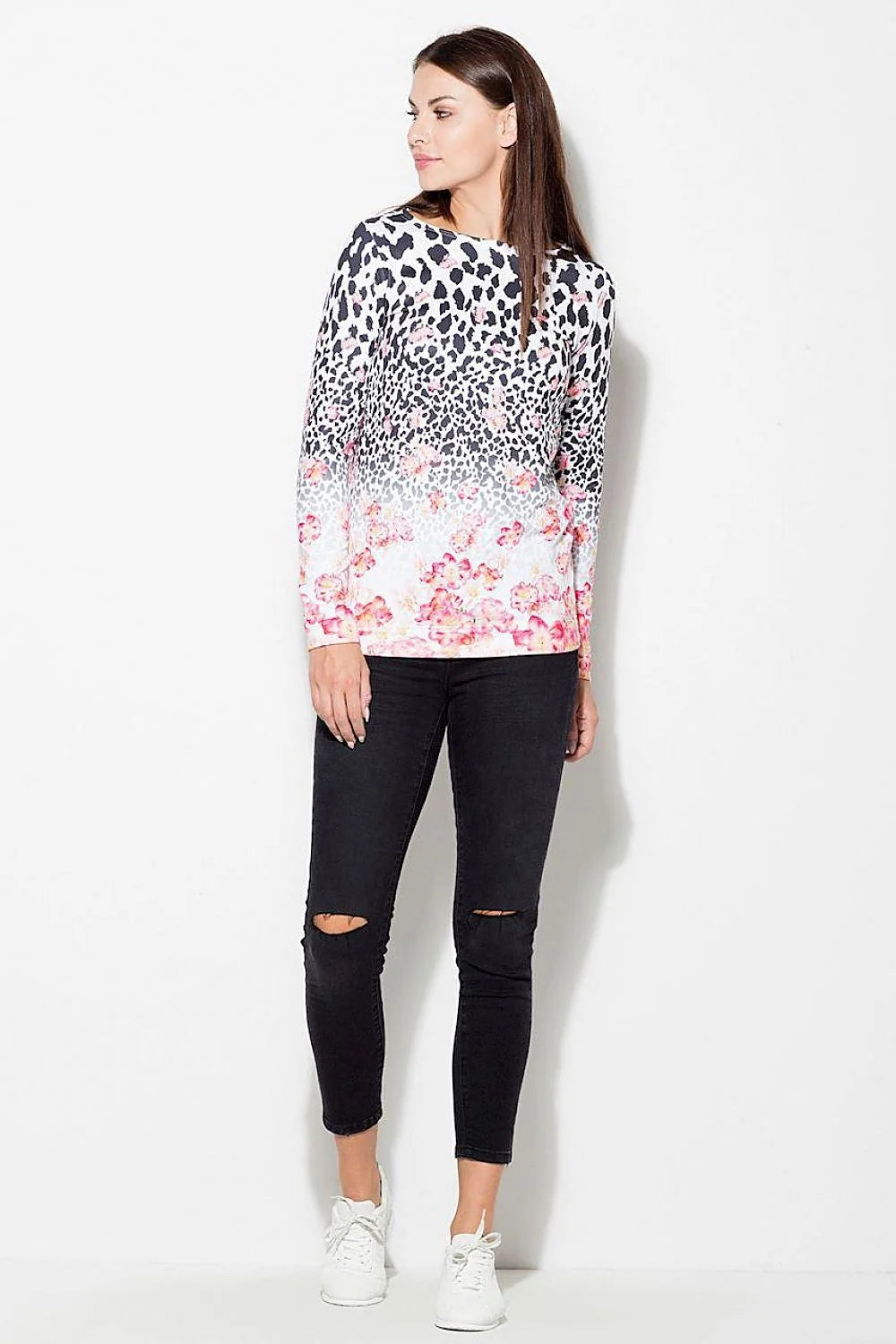 Top manches longues polyester style casual imprimé léopard floral chic et décontracté pour femmes modernes