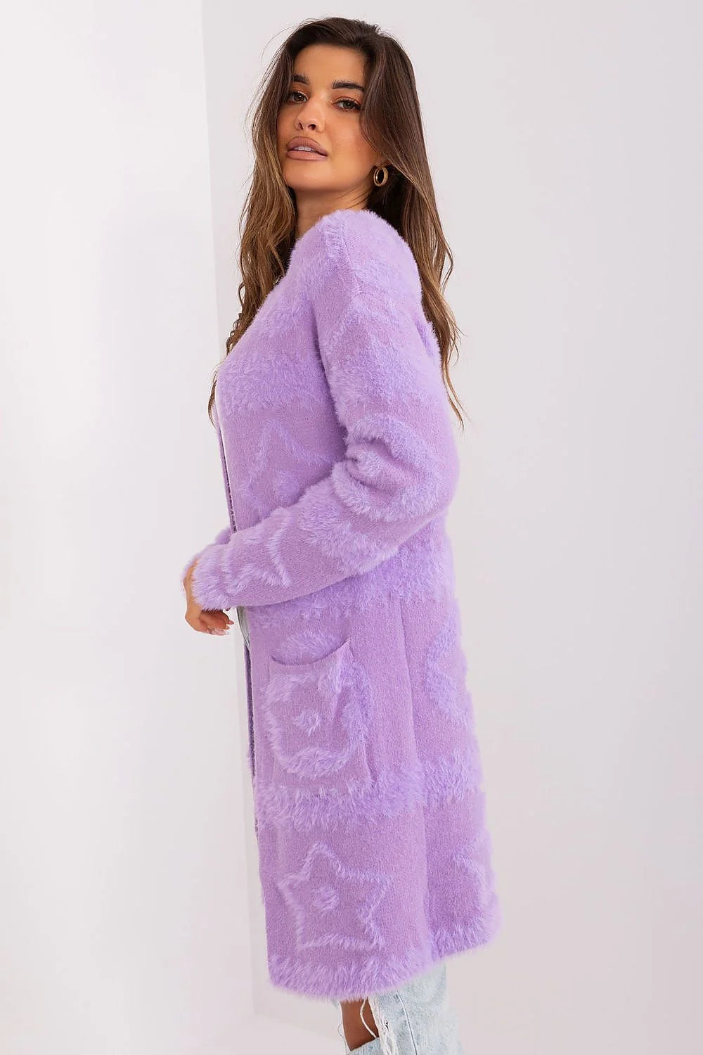 Cardigan femme en maille lavande longue sans fermeture manches longues poches pratiques pour tenues décontractées