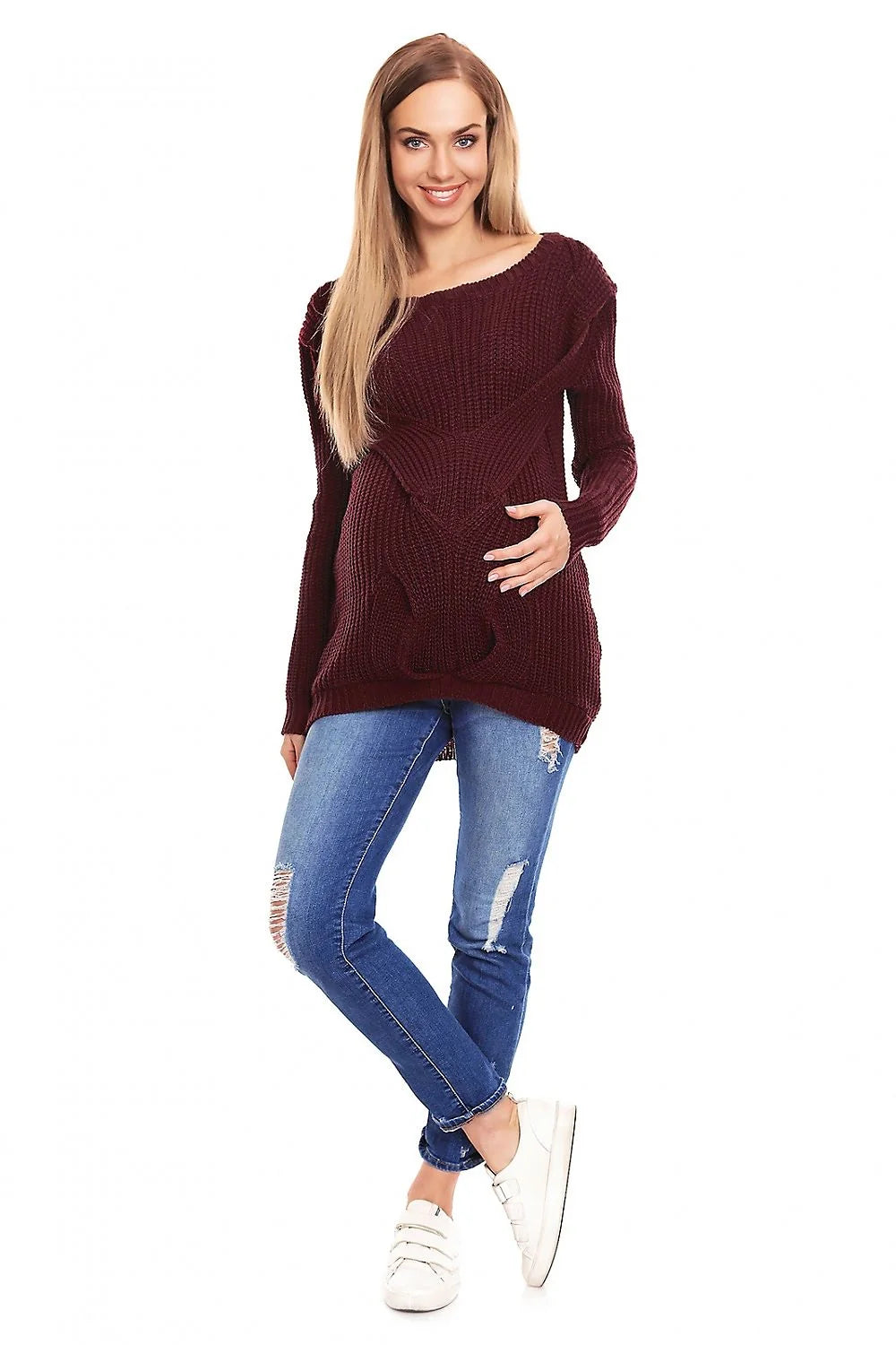 Pull grossesse tricoté maille épaisse encolure bateau motifs géométriques couleur bordeaux élasthanne polyester viscose femme