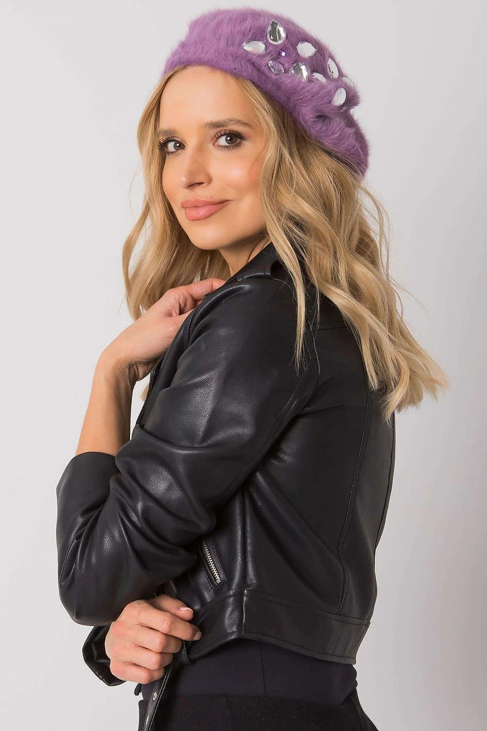 Veste ample en laine bouclée marron chic et béret violet strass décontractés automne-hiver femmes