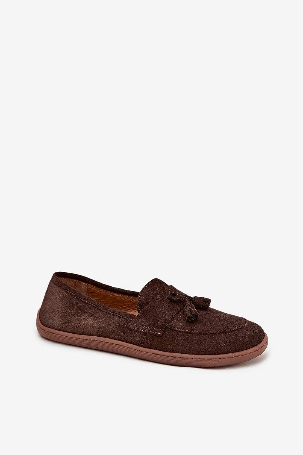 mocassins femmes pieds nus daim marron suédé pampilles franges slipon bout arrondi semelle caoutchouc plate talon bas surpiqûres confort léger
