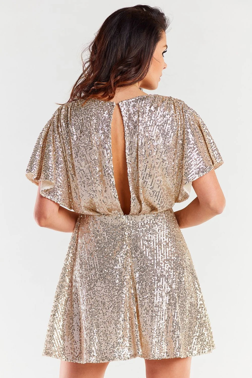 Robe de soirée élégante courte dos nu déchirure manches amples évasée paillettes rose métallique femme