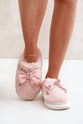 Pantoufles en fourrure femelle style élégant confortable rose pastel nœud strass fleurs tissu doublure semelle fourrure 3 cm