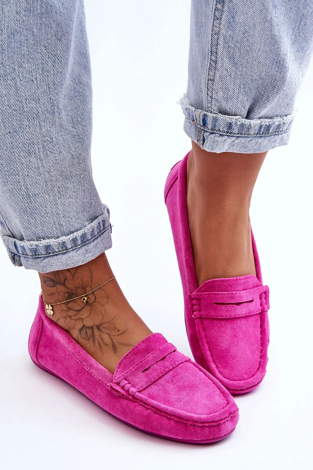 Mocassins femmes style classique couleur fuchsia matière éco-suede confortable anti-dérapant low heel penny strap