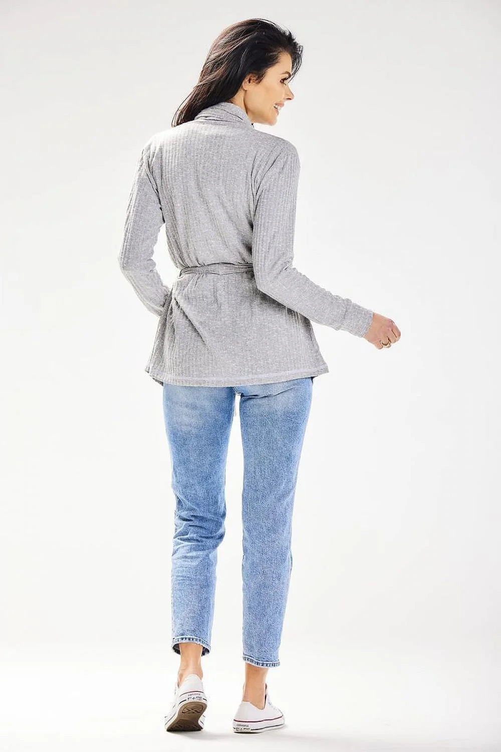 cardigan femme ouvert ample col châle maille côtelée gris chiné mi longue manches longues léger doux fluide ceinture assortie ajustée
