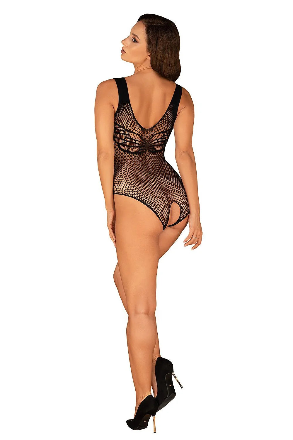 Body en résille noire audacieux design V-neck sans manches ajusté élastique pour occasions intimes ou soirées audacieuses femme