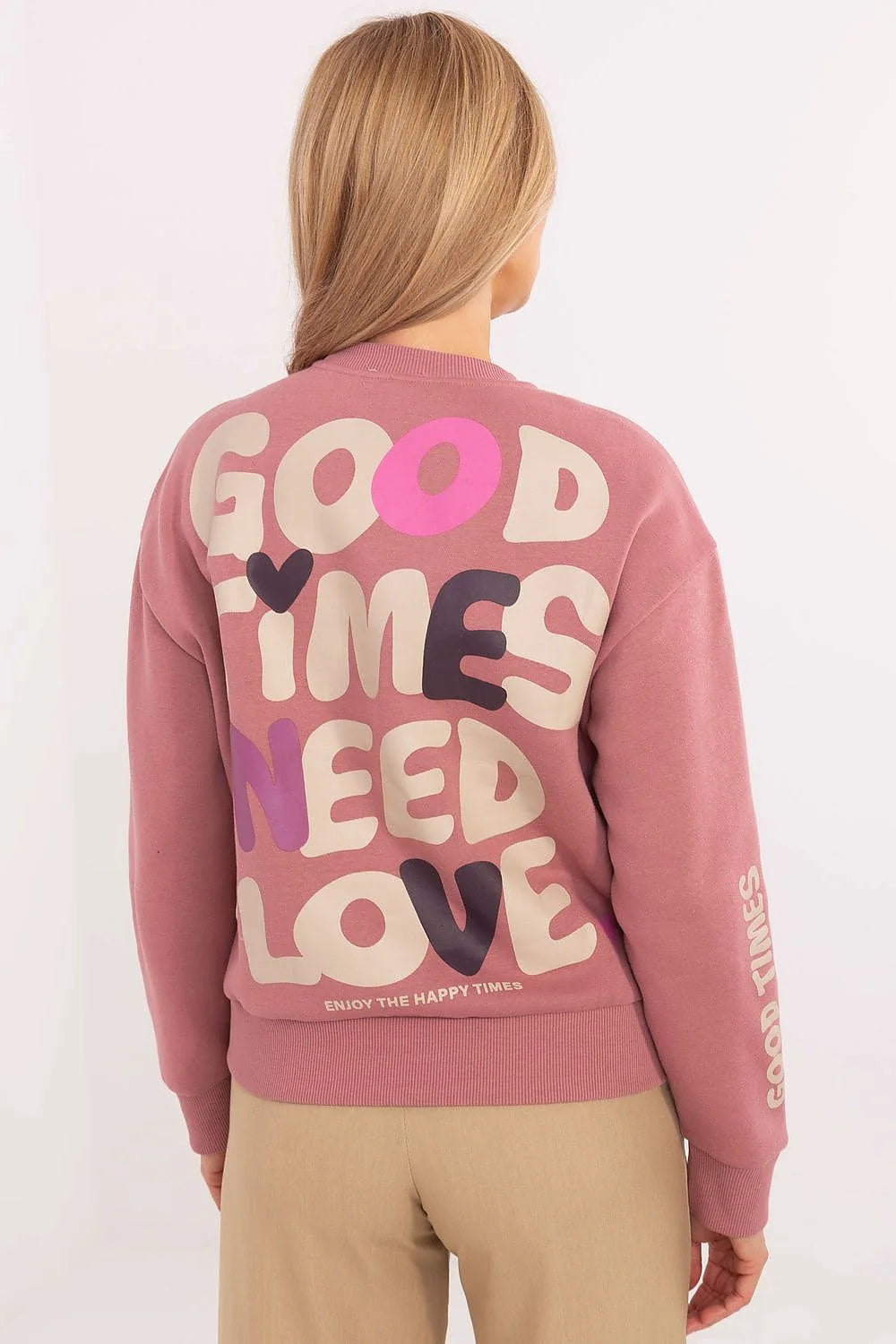 Sweatshirt pour femme moderne couleur rose vieux rose manches longues message GOOD TIMES NEED LOVE en coton polyester
