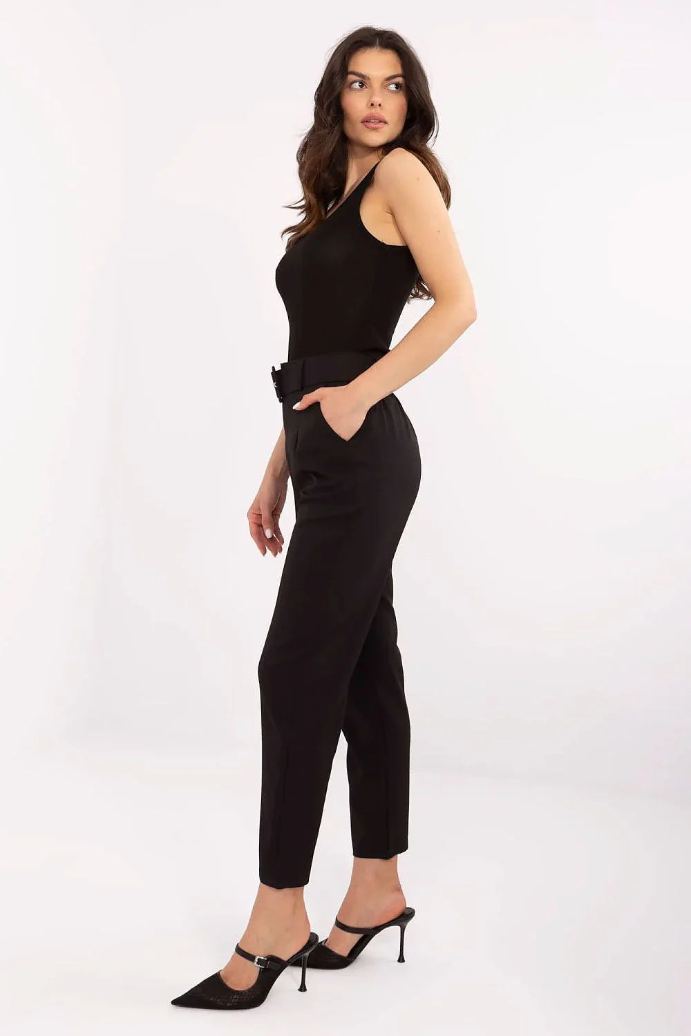Pantalon cigarette femme高 taille haute matelassé polyester élasthanne noir slim taille ajustable occasion formelle