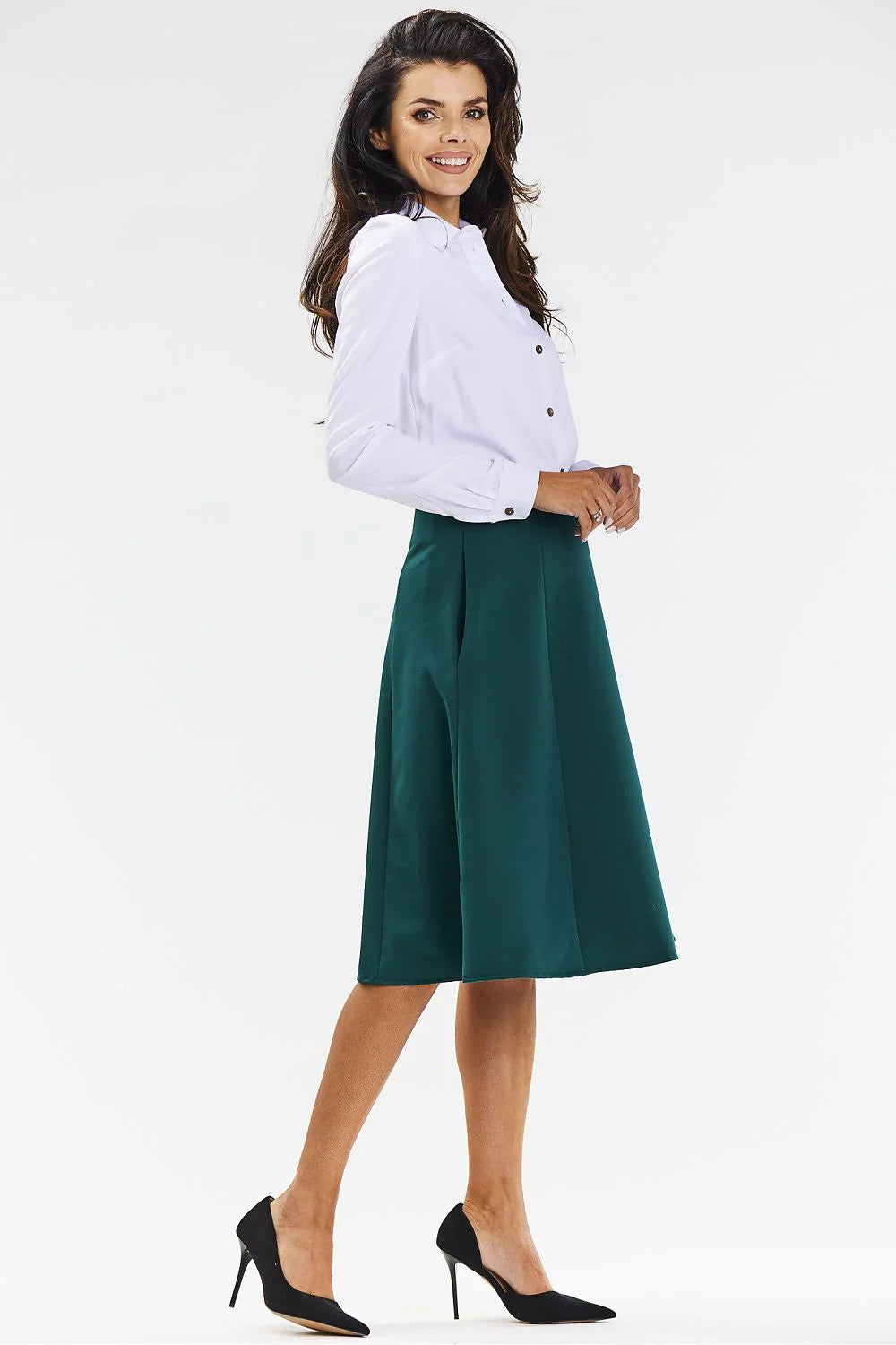 Jupe midi évasée élégante couleur verte émeraude高 waist poches polyester mode femme occasionnels formels