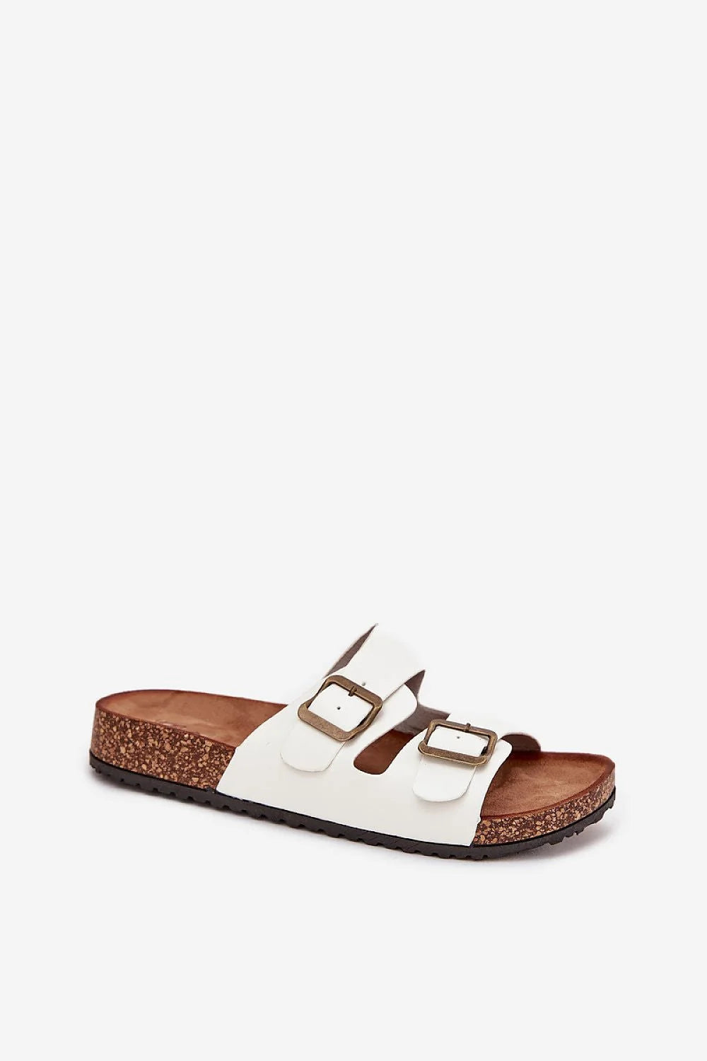 sandales femme mules deux brides réglables boucles carrées métalliques similicuir blanc semelle anatomique liège plateforme 3cm antidérapante caoutchouc