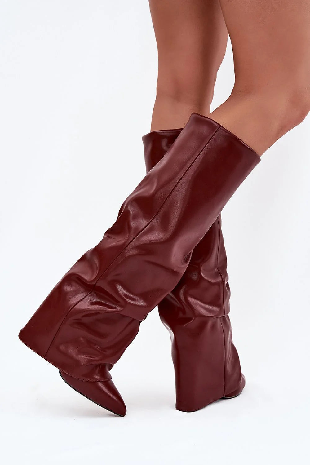 bottes hautes femme simili cuir bordeaux slouch tige froncée revers relevé talon colonne onze centimètres bout pointu doublure chaude confortable