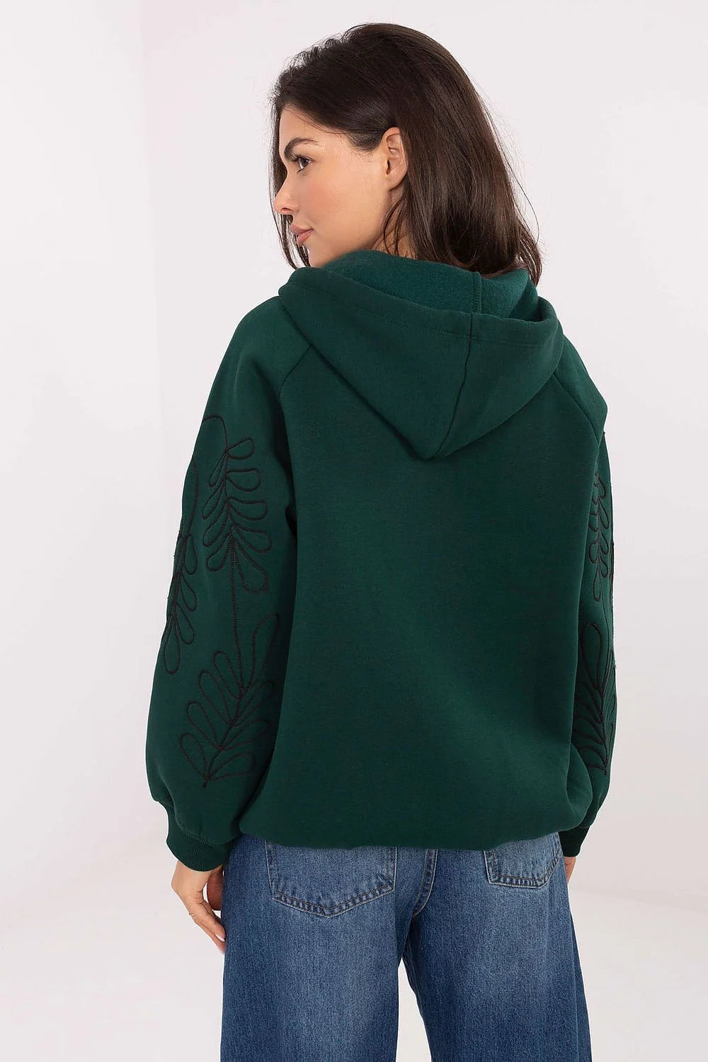 sweat zippé capuche femme oversize molleton épais vert sapin manches bouffantes broderie fleurs noir poches kangourou coton élasthanne confortable côtelés