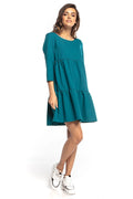 Robe ample polyester élasthanne décontractée élégante manches trois-quarts col rond bleu canard automne femmes