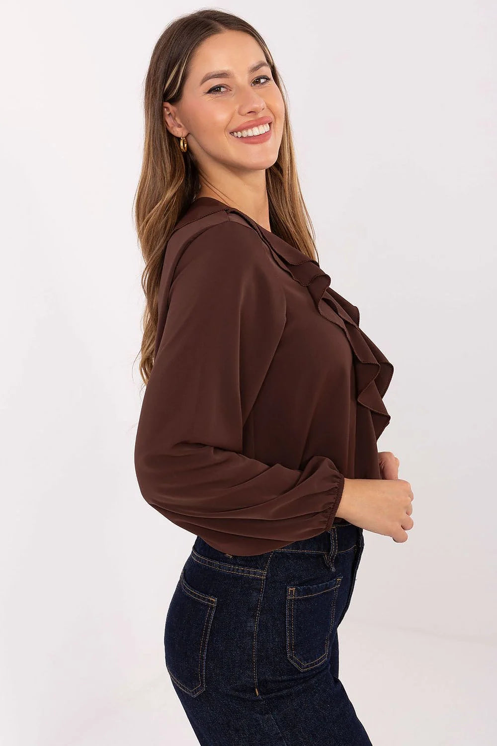 blouse femme manches longues volants jabot viscose polyester elasthanne chiffon marron colV fronces épaules bouffantes