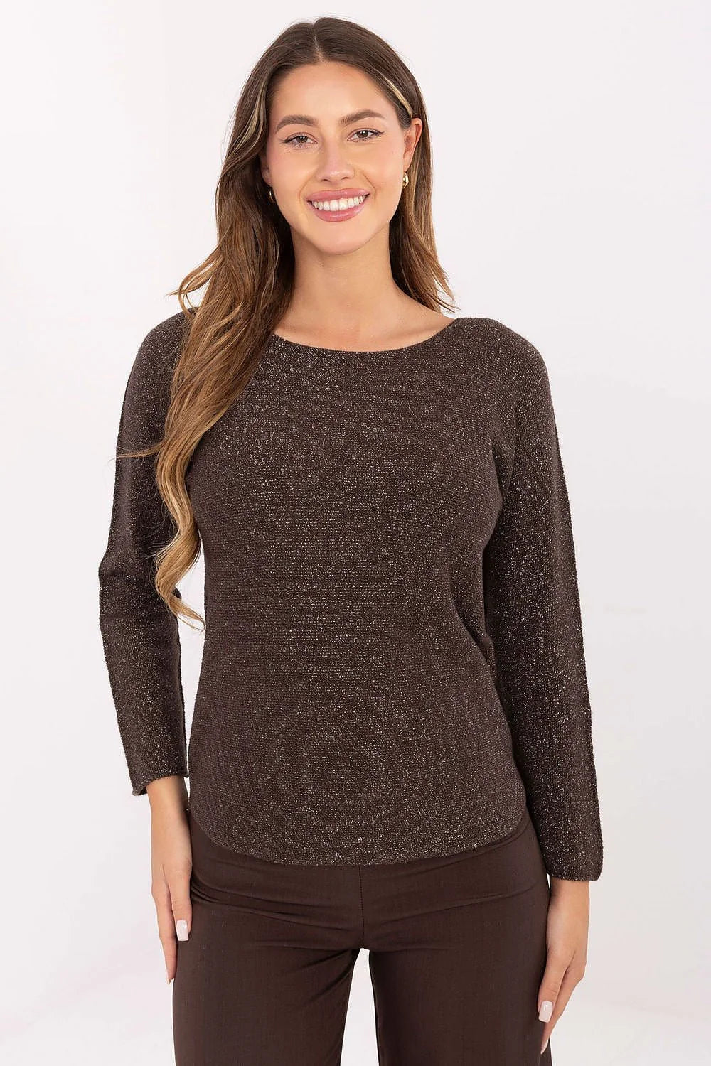 pull femme brocart pailleté marron chocolat maille fine manches longues col rond coupe droite légèrement ajustée longueur hanche lurex scintillant