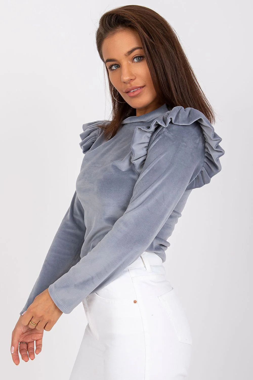 Chemisier femme velour élégant manches longues col montant volants bleu-gris taille universelle chic