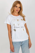 tee shirt femme moderne décontracté blanc cassé jersey coton élasthanne doux coupe ample encolure ronde manches courtes imprimé coeurs dorés