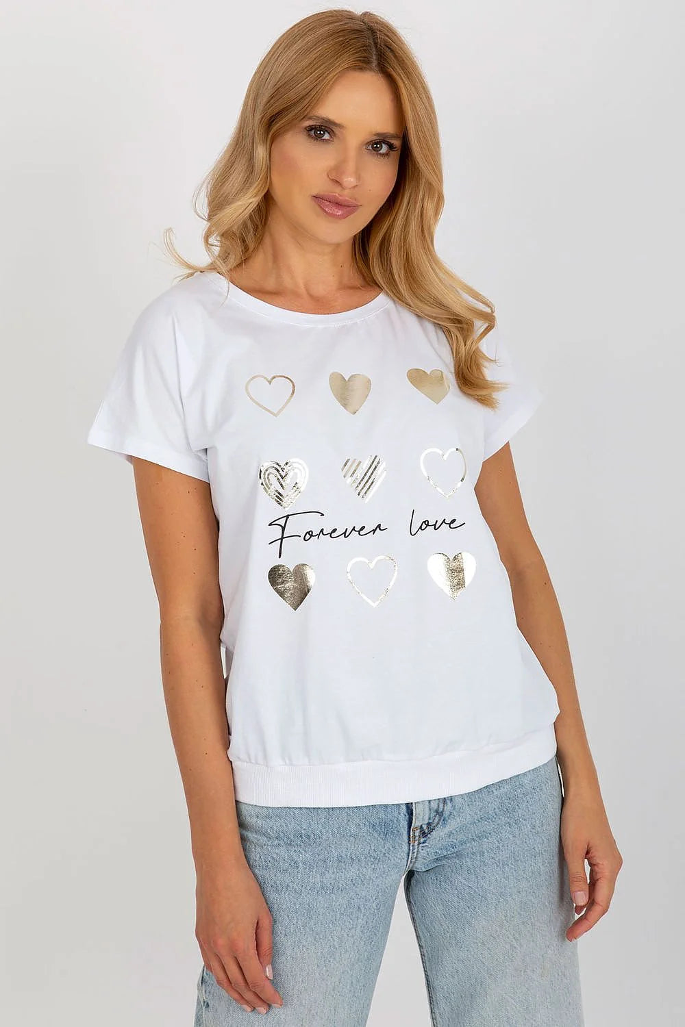 T-shirt femme style décontracté moderne imprimé cœur doré élasthanne coton blanc