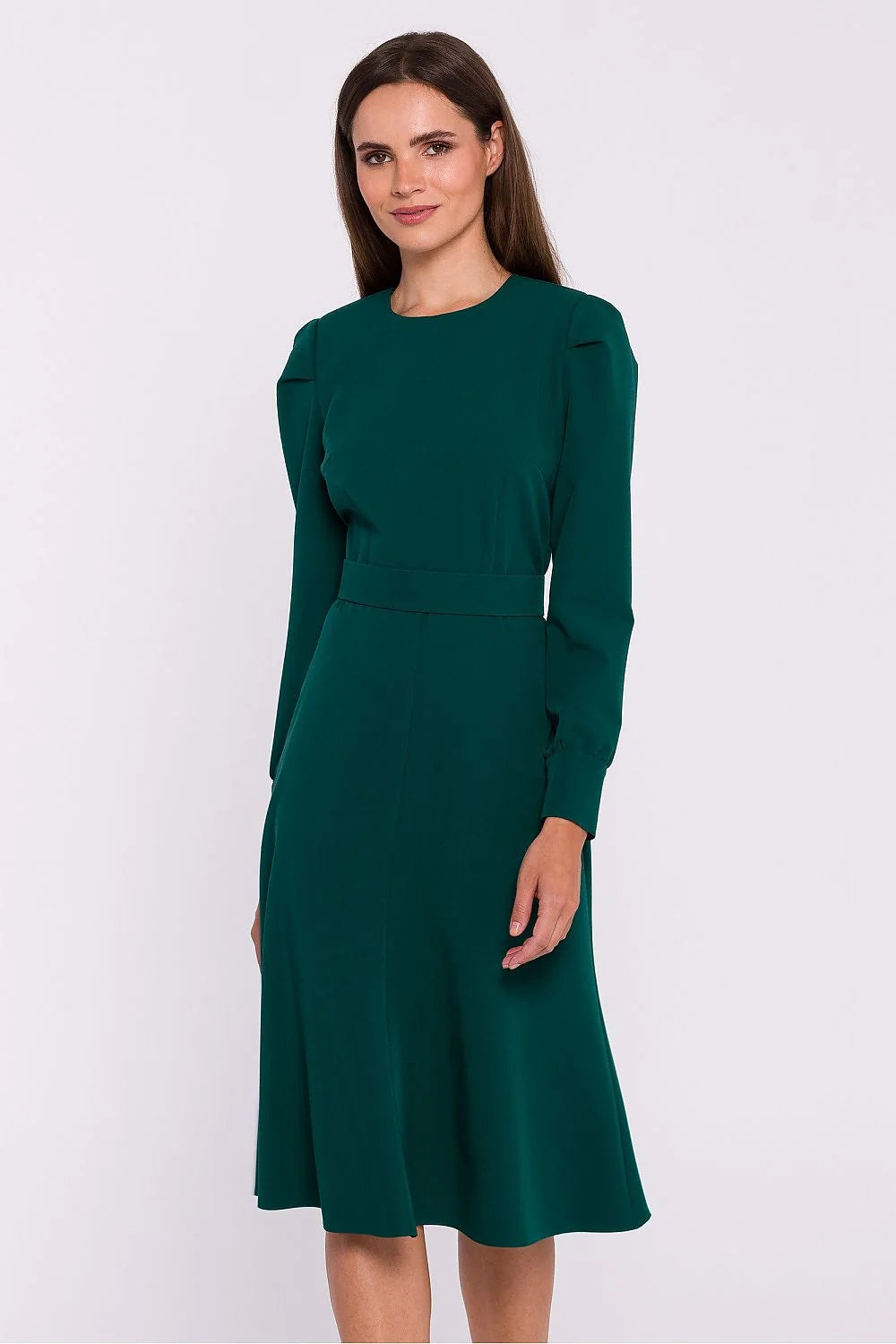 Robe élégante pour femme en vert émeraude manches longues ceinture intégrée coupe midi style classique