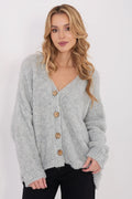 cardigan femme oversize maille bouclette gris col V profond boutons gros effet bois coupe loose manches longues pelucheuse