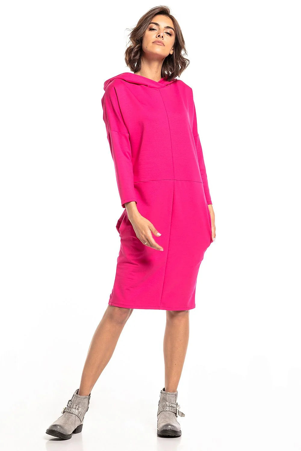 Robe en tricot coton rose décontractée avec capuche manches longues pour femme moderne élégante
